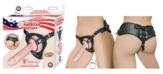 Portable Masturbator Grip-ALL AMERICAN WHOPPERS 5 STRAIGHT DONG FLESH & UNIVERSAL HARNESS"