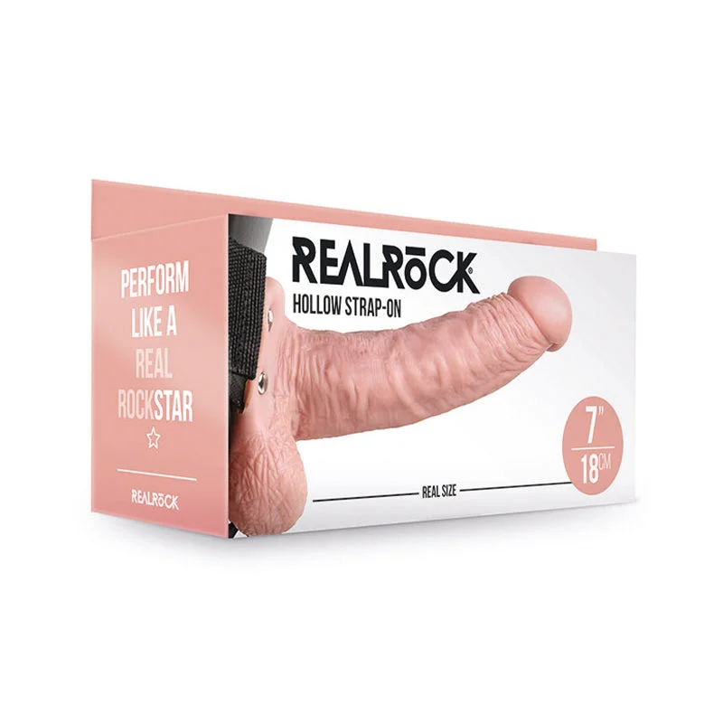 vibrating sex toy for advanced users with strong settings-RealRock Realistic 7 in. Hollow Strap-On With Balls Beige