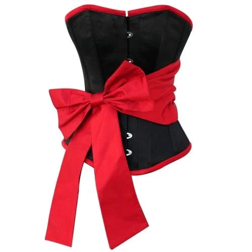 corset with satin flows-Chelsi Black Overbust Corset With Red Sash Bow