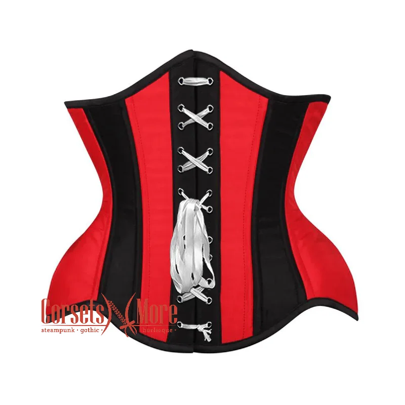 corset for bridal folds-Plus Size Red and Black Satin Net Overlay Stripe Front Clasps Waist Training Steampunk Underbust Corset