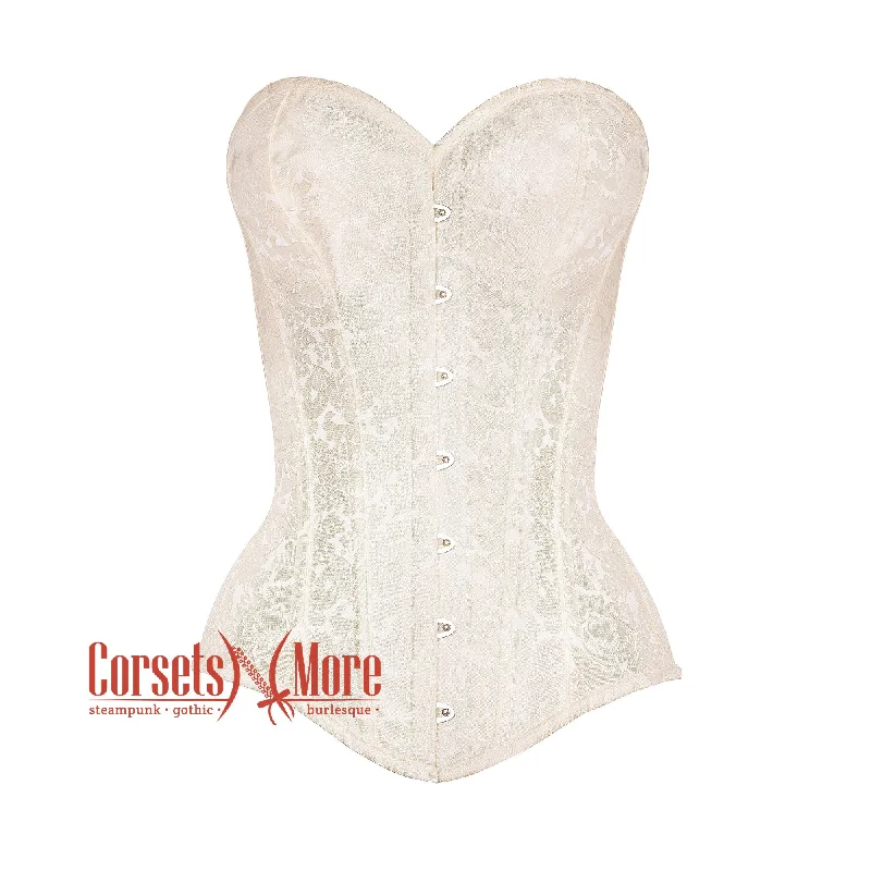 corset for summer gathers-Plus Size Ivory Brocade Longline Gothic Burlesque Waist Training Overbust Corset Bustier Top