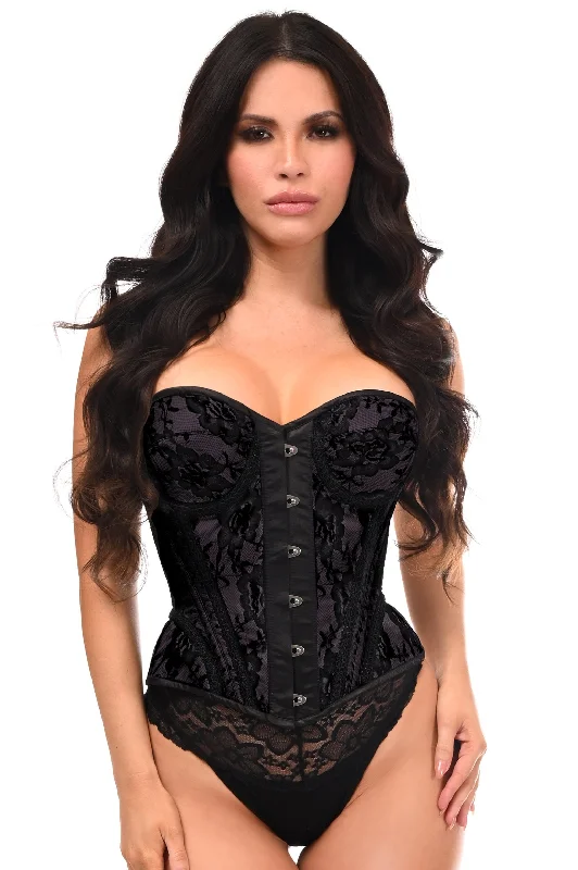 sexy teddy lingerie for intimate wear-Top Drawer Black w/Black Lace Steel Boned Underwire Bustier Corset