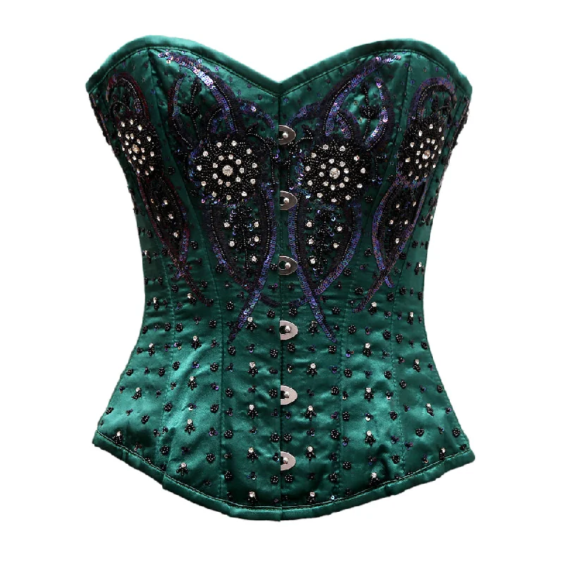 corset for evening drapes-Auriemma Green Satin Satin Embroidery Overbust Corset