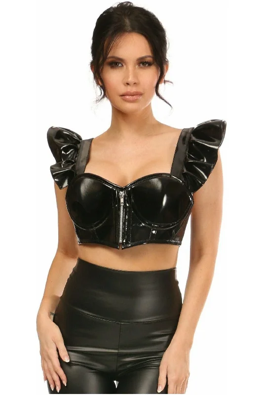 elegant satin lingerie with lace-Lavish Black Patent Underwire Bustier Top w/Removable Ruffle Sleeves