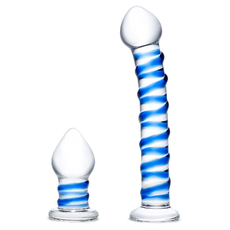 Non-Staining Masturbator Tool-GLAS Double Penetration Swirly Dil & Butt Plug 2pc Set