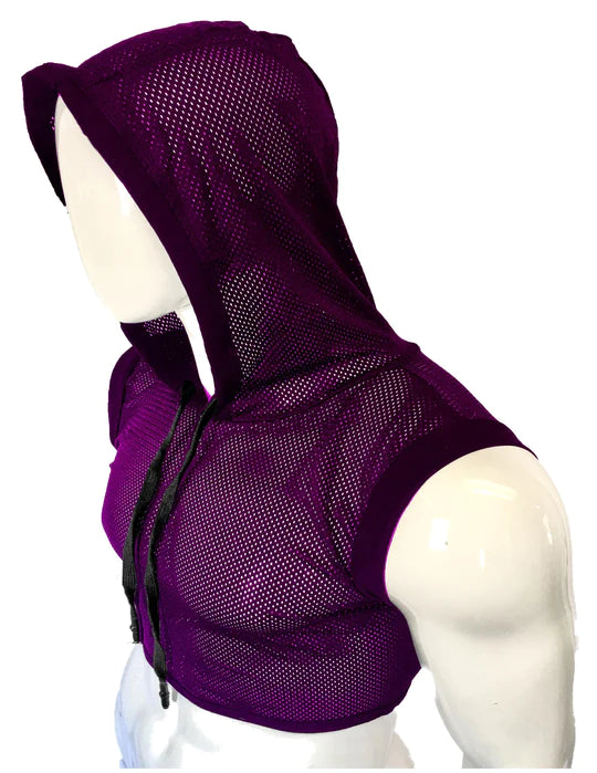 seductive lace and satin sleepwear-Hooded Crop Tank - Purple Sports Mesh