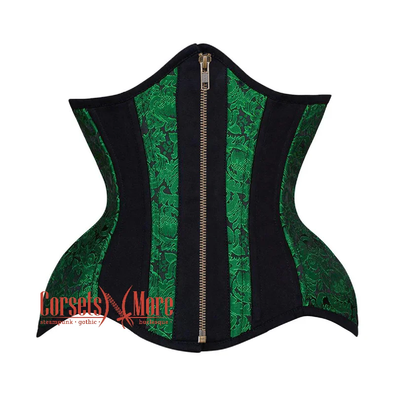 corset for retro drapes-Plus Size Green Black Brocade Black Cotton Stripe Front Zipper Steampunk Underbust Corset