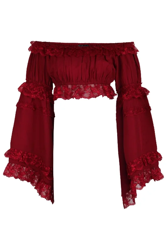 lace teddy lingerie for intimate moments-Dark Red Smocked Flare Sleeve Peasant Top