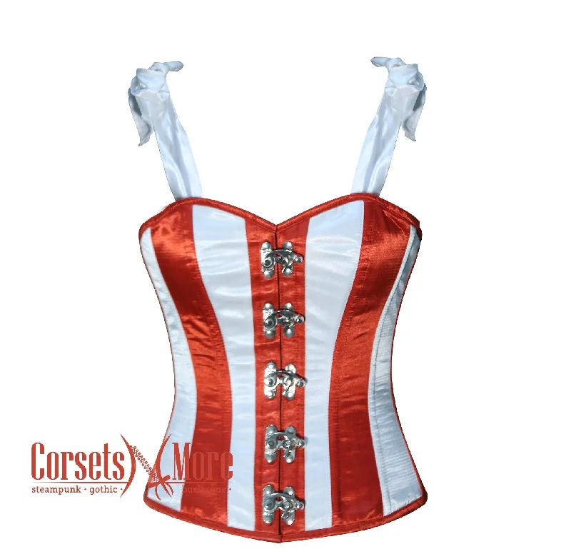 corset for bridal drapes-Plus Size White and Red Stripes With Shoulder Strap Burlesque Overbust Bustier Waist Training Corset