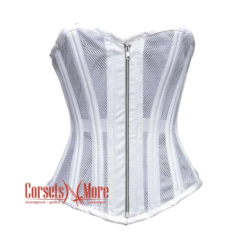 corset with metallic swirls-Plus Size White Satin With Mesh Double Bone Burlesque Gothic Overbust Corset Bustier Top