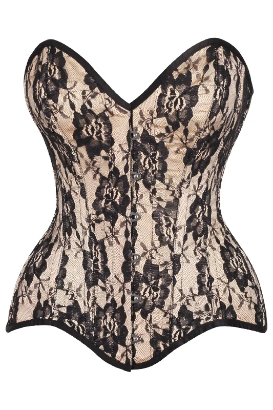 seductive lingerie for couples-Top Drawer Nude Satin w/Black Lace Overlay Steel Boned Overbust Corset