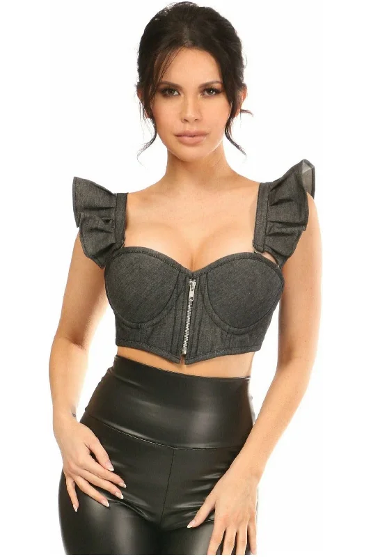 intimate lace lingerie for women-Lavish Black Denim Underwire Bustier Top w/Removable Ruffle Sleeves