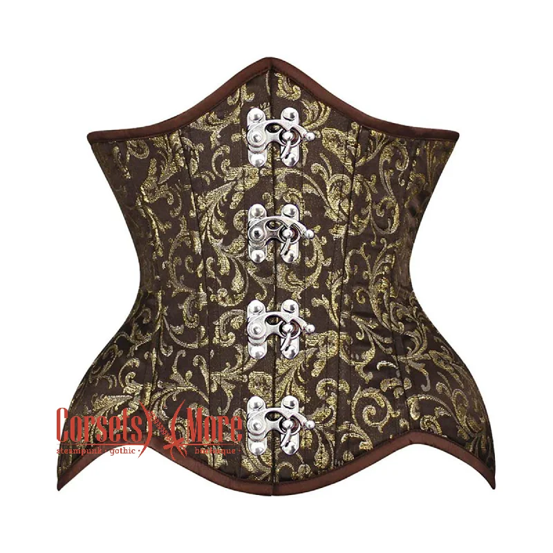 corset for historical gathers-Plus Size Brown And Golden Brocade Silver Clasps Double Bone Steampunk Gothic Waist Training Underbust Corset