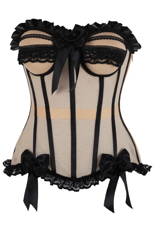 sexy lingerie for boudoir photography-Top Drawer Steel Boned Nude & Black Mesh Underwire Bustier Corset