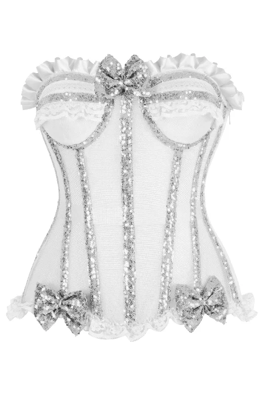 sexy lingerie for intimate date nights-Top Drawer Steel Boned Silver Sequin Underwire Bustier Corset