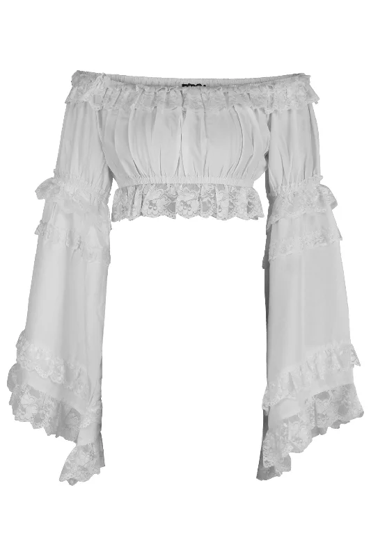 romantic silk lingerie for nightwear-White Smocked Flare Sleeve Peasant Top