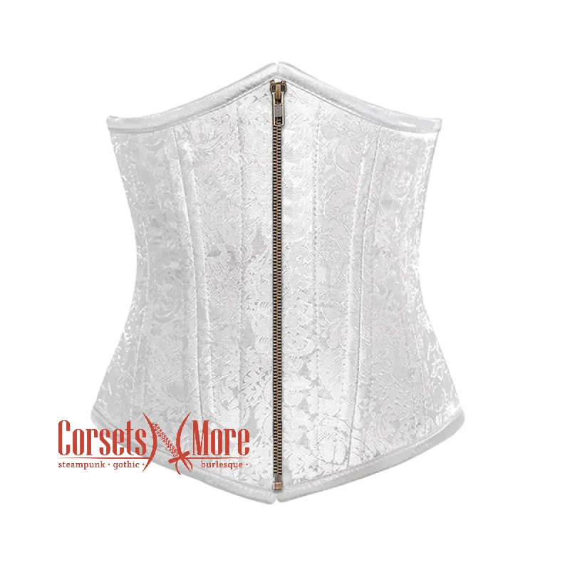 corset for evening cascades-Plus Size White Brocade Antique Zipper Double Bone Steampunk Gothic Waist Training Underbust Corset Bustier Top