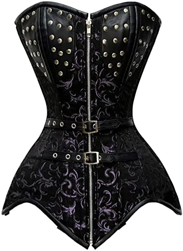 corset with flared flows-Tunzi Brocade Steel Boned Overbust Corset