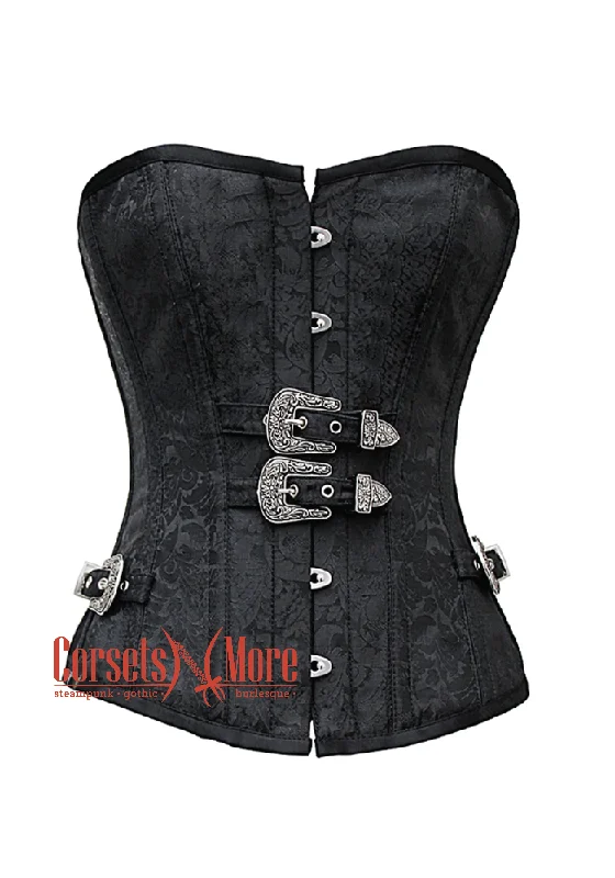 corset with embroidered levels-Plus Size Black Brocade Silver Buckles Gothic Costume Waist Training Bustier Overbust Corset Top