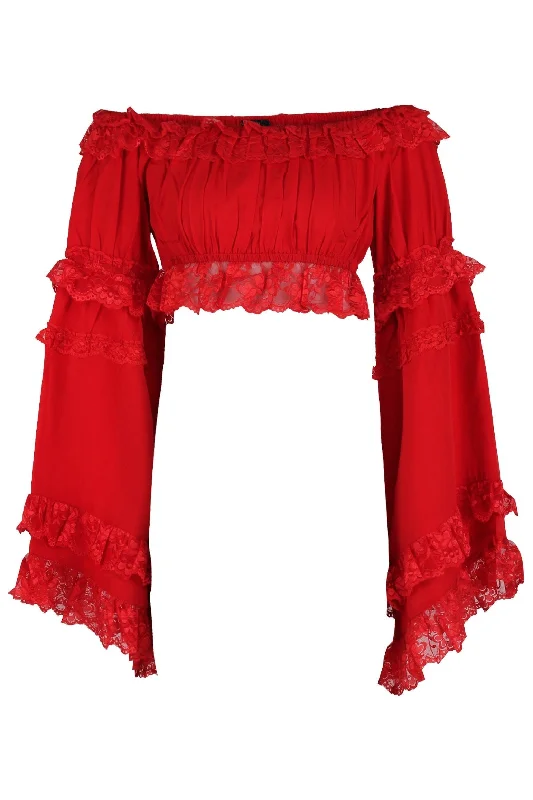 seductive lace lingerie for intimate sessions-Red Smocked Flare Sleeve Peasant Top