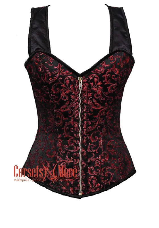 corset for bridal tiers-Plus Size Red and Black Brocade With Shoulder Straps Antique Zipper Overbust Corset