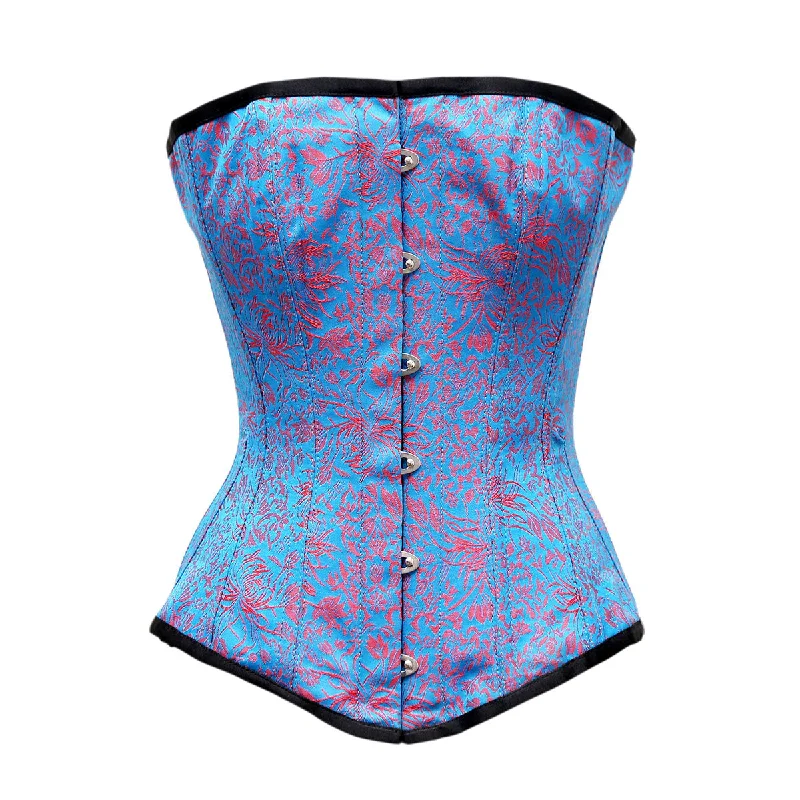 corset with layered gathers-Maisi Red Turquoise Brocade Overbust Corset