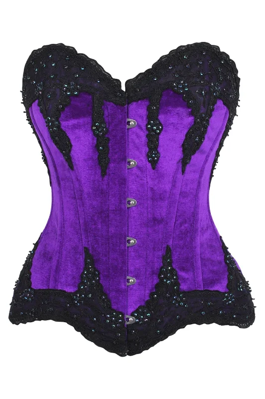 lace thong lingerie-Top Drawer Purple Velvet & Beaded Steel Boned Overbust Corset