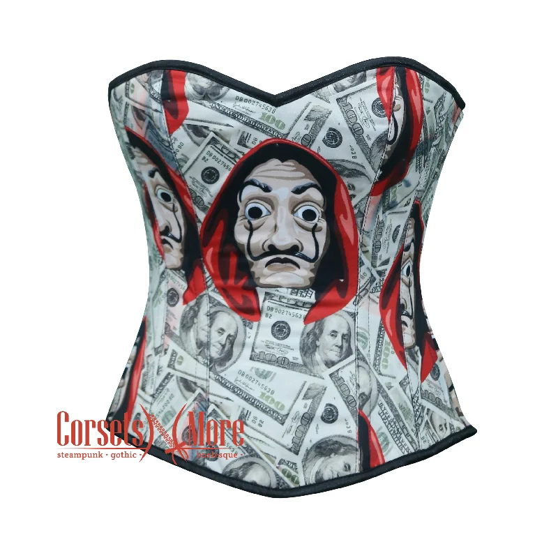 corset for fashion gathers-Plus Size Dollars with Money Heist Halloween Mask Printed Satin Overbust Corset