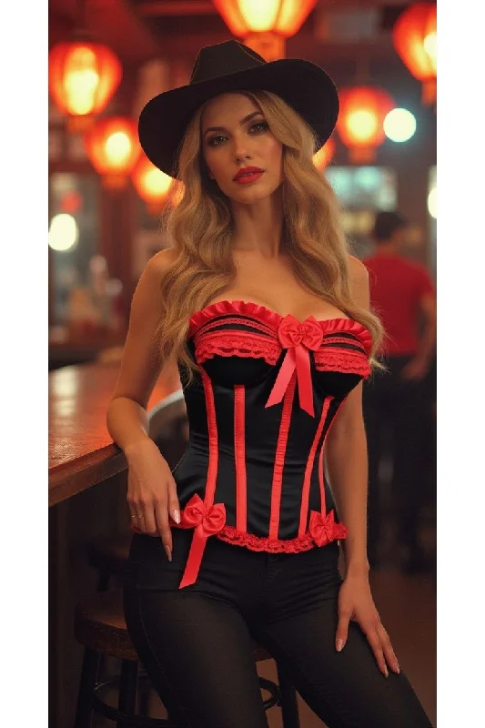 silky lingerie for bedtime-Top Drawer Black/Red Steel Boned Burlesque Corset