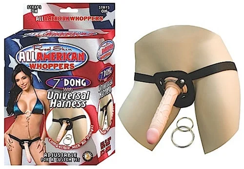 Hygienic Masturbator Option-All American Whoppers 7-Inch Dong With Universal With Universal Harness-Flesh