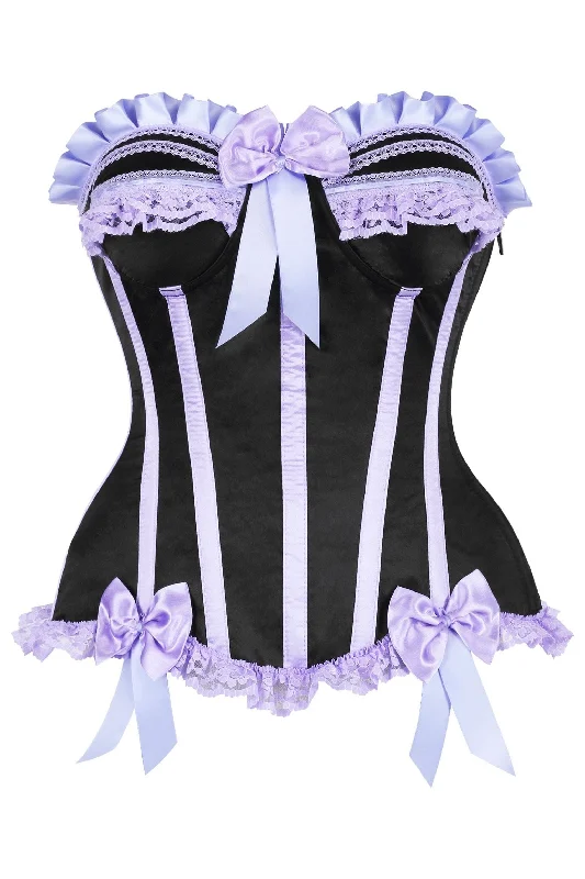 comfy lingerie for bedtime-Top Drawer Black/Lavender Satin Steel Boned Burlesque Corset