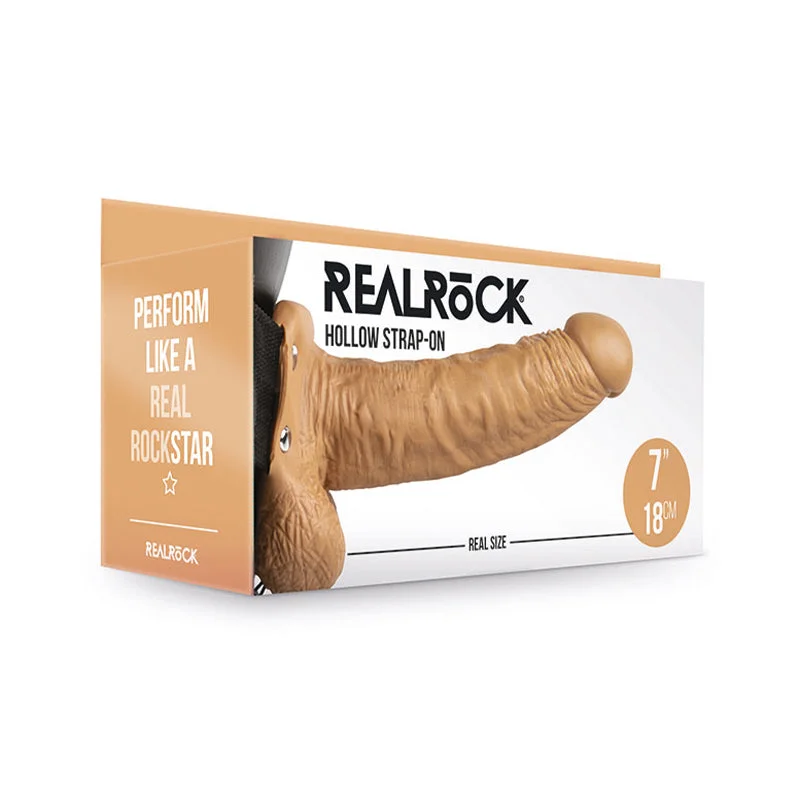 vibrating ring with multiple vibration functions-RealRock Realistic 7 in. Hollow Strap-On With Balls Tan