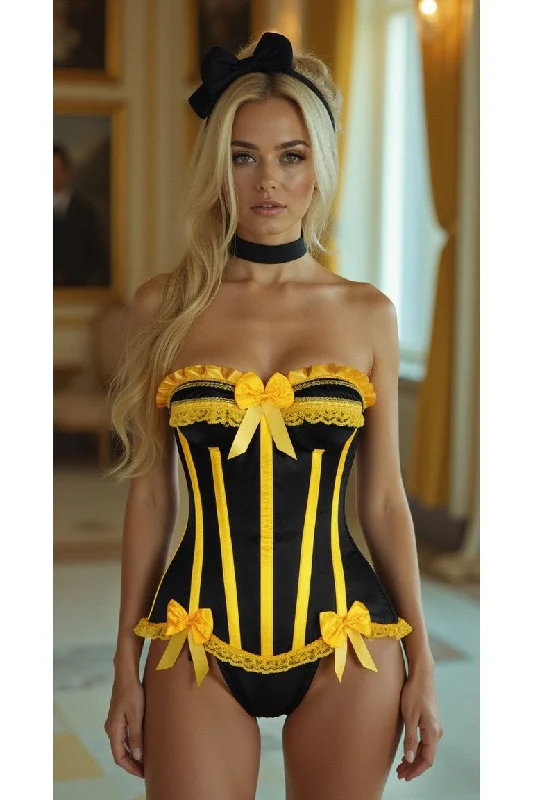 seductive black satin teddy lingerie-Top Drawer Black/Yellow Satin Steel Boned Burlesque Corset