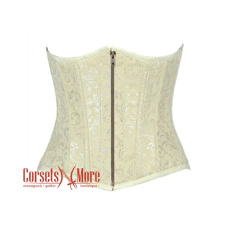 corset with layered folds-Plus Size Ivory Brocade Front Antique Zipper Gothic Burlesque Waist Training Underbust Corset Bustier Top