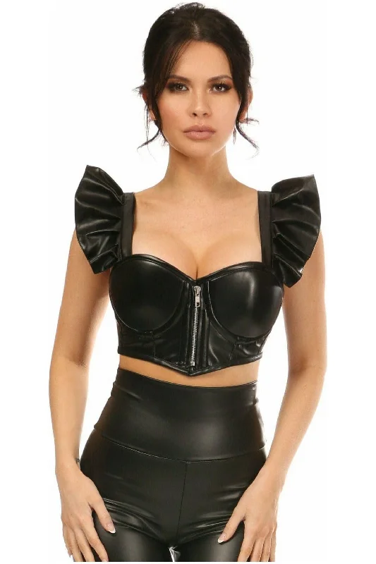 sexy lingerie with garter set-Lavish Black Faux Leather Underwire Bustier Top w/Removable Ruffle Sleeves