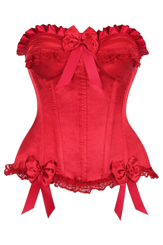 mesh lingerie with floral details-Top Drawer Dark Red Satin Steel Boned Burlesque Corset