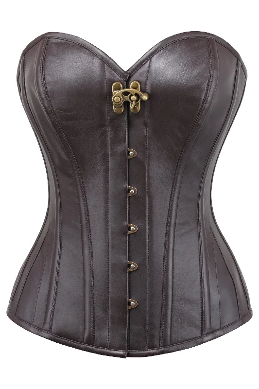 corset with bold gathers-Glebova Brown Faux Leather Steampunk Overbust Corset