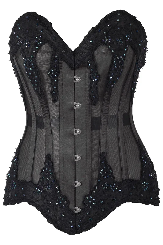 open-back sexy lingerie-Top Drawer Sheer Black Mesh & Beaded Steel Boned Overbust Corset