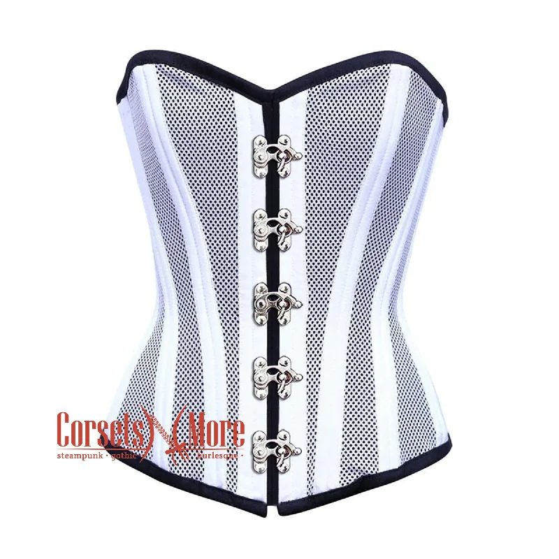 corset for gothic levels-Plus Size White Satin With Mesh Front Clasp Burlesque Gothic Overbust Corset Bustier Top