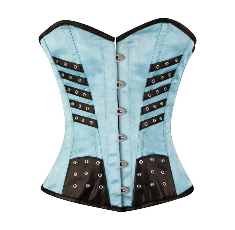 corset with floral gathers-Etan Turquoise Satin Overbust Corset