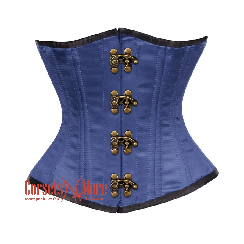 corset with bold flows-Plus Size Royal Blue Satin Double Bone Front Antique Clasps Gothic Waist Training Underbust Corset Bustier Top