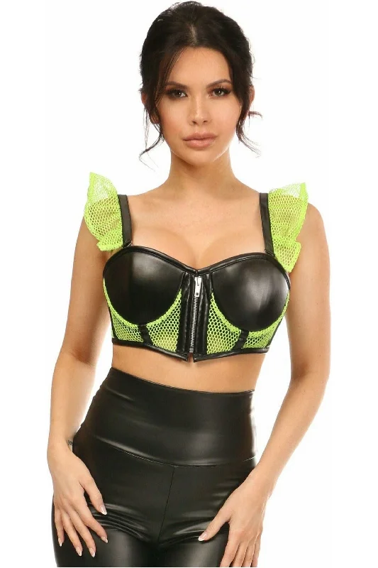 lingerie with floral lace details-Lavish Neon Green Fishnet & Faux Leather Underwire Bustier Top w/Removable Ruffle Sleeves