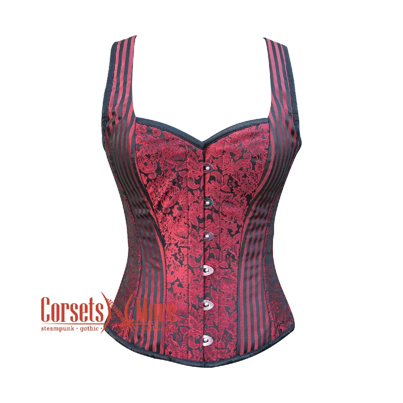 corset for steampunk curls-Red And Black Brocade Halloween Plus Size Corset with Shoulder Strap Overbust Top