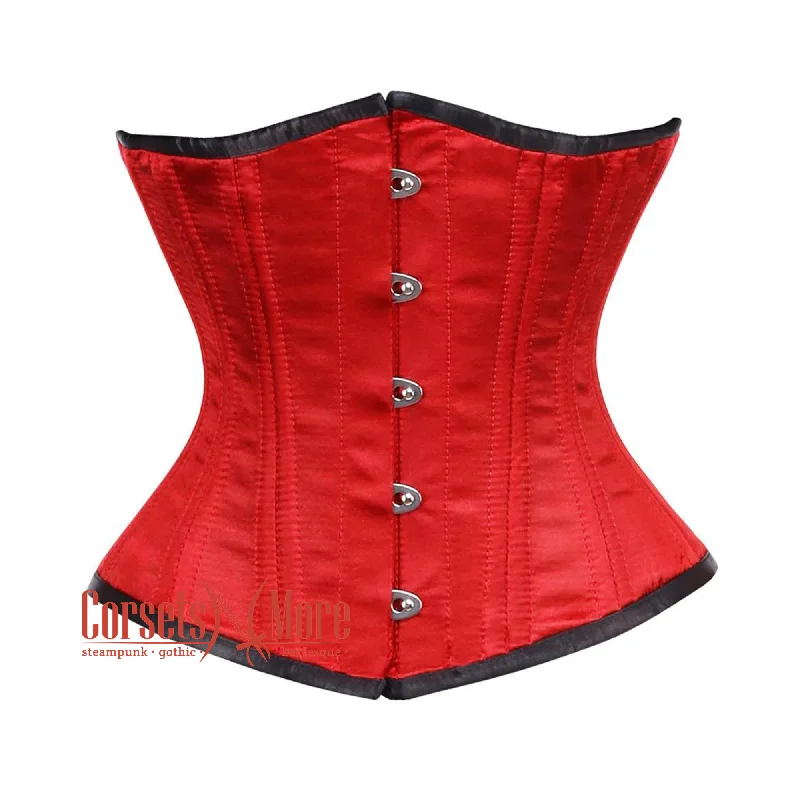 corset with flared levels-Plus Size Red Satin Double Bone Front Silver Busk Gothic Waist Training Underbust Corset Bustier Top