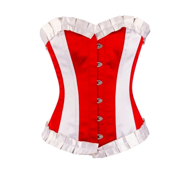 corset with ruched gathers-Renyer Red & White Satin Overbust Corset With Frill