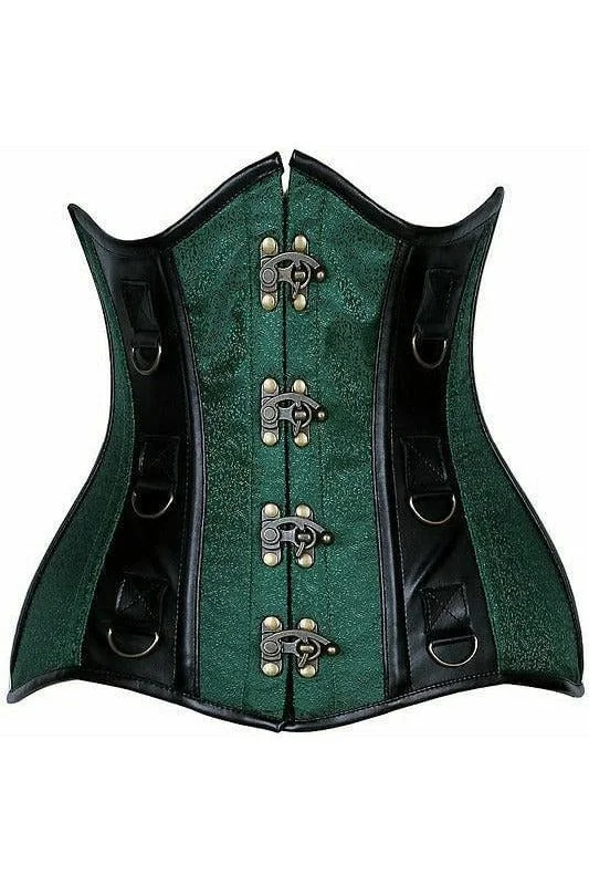 plus size sexy lingerie-Top Drawer Dark Green Brocade & Faux Leather Steel Boned Under Bust Corset