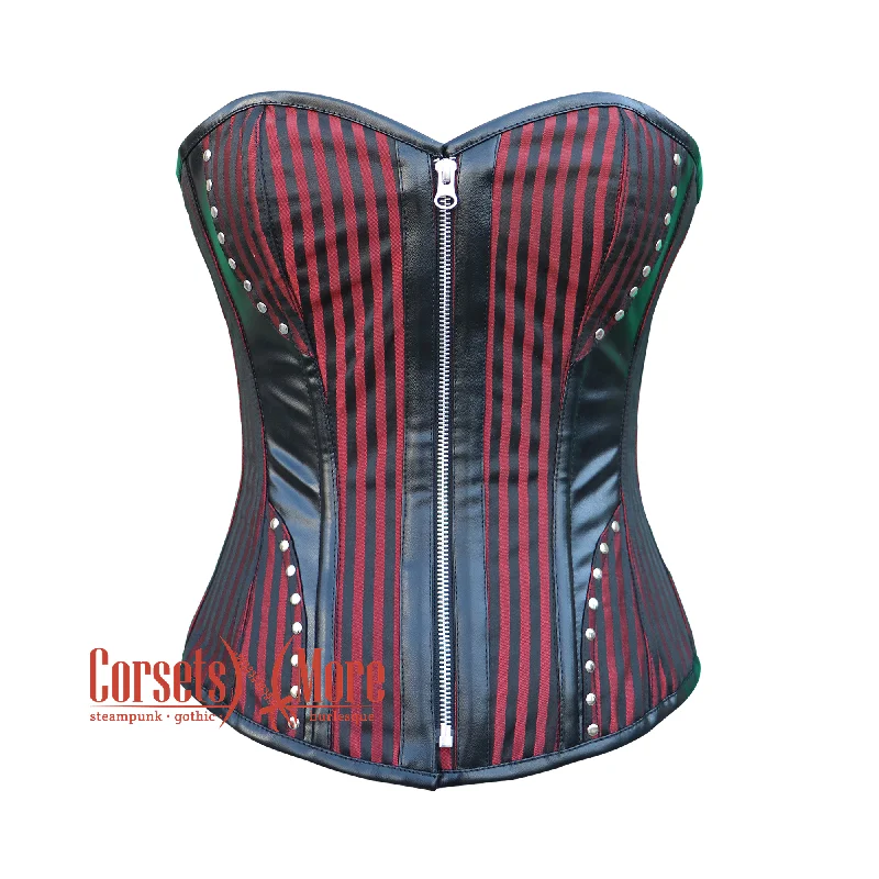 corset for evening layering-Plus Size Red And Black Brocade Gothic Zipper Leather Overbust Corset