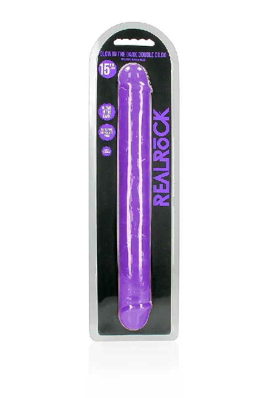 Hands-Free Masturbator Cup-15" Inch Double Dong Glow in the Dark Neon - Purple