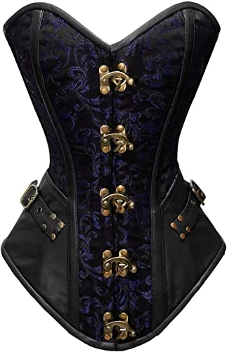 corset with layered tiers-Tolleson Blue Brocade & Black Faux Leather Overbust Corset