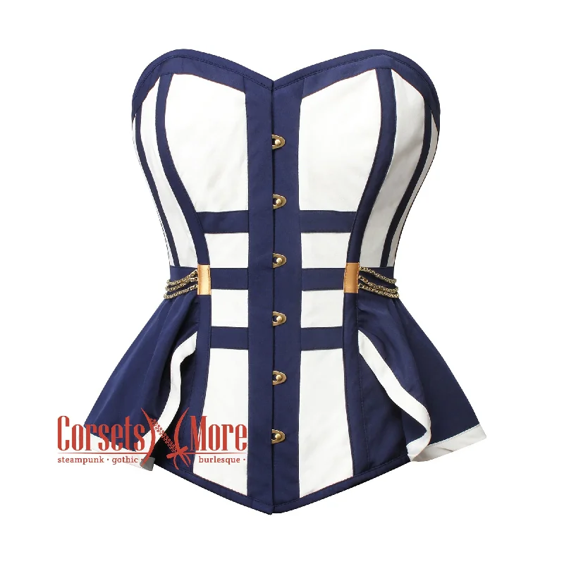 corset with metallic drapes-Plus Size White And Navy Blue Satin Gothic Overbust Corset Bustier Doctor Who costume